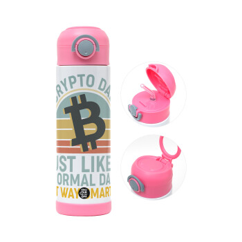 Crypto Dad, Children's hot water bottle, stainless steel, with safety straw, PINK (500ml)