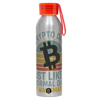 Crypto Dad, Αλουμινένιο Αθλητικό Μπουκάλι 650ml – Ασημί με Κόκκινο Καπάκι και Λουράκι Σιλικόνης