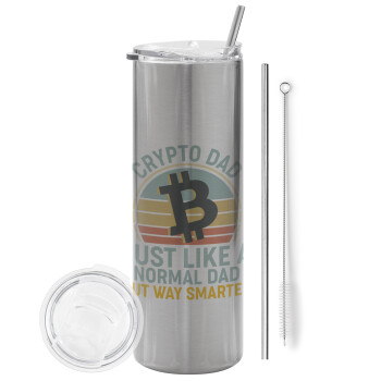 Crypto Dad, Eco friendly stainless steel Silver tumbler 600ml, with metal straw & cleaning brush