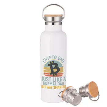 Crypto Dad, Μεταλλικό παγούρι θερμός (Stainless steel) Λευκό με ξύλινο καπάκι (bamboo), διπλού τοιχώματος, 750ml