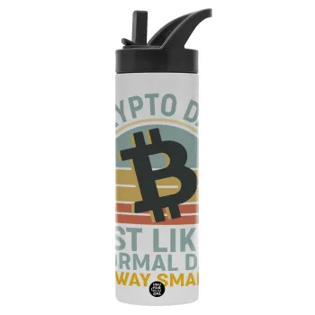 Crypto Dad, Metallic thermos bottle with straw & handle, stainless steel (Stainless steel 304), double-walled, 600ml.