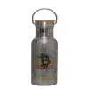 Stainless steel metallic thermos flask, silver with a bamboo lid, double-walled, 350ml.