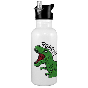 Dyno roar!!!, White water bottle with straw, stainless steel 600ml