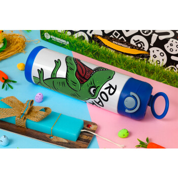 Dyno roar!!!, Easter candle, Childrens hot water bottle, stainless steel, with safety straw, BLUE (500ml)