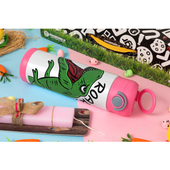Dyno roar!!!, Easter candle, Childrens hot water bottle, stainless steel, with safety straw, PINK (500ml)