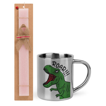 Dyno roar!!!, Easter Set, metallic thermal cup (300ml) & aromatic flat Easter candle (30cm) (PINK)