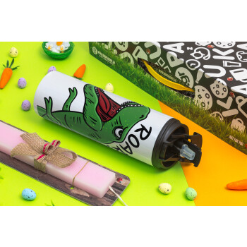 Dyno roar!!!, Easter candle,Travel Tumbler 2 Lids, with metal straw & cleaning brush & aromatic flat candle (30cm) (PINK)