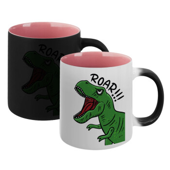 Dyno roar!!!, Κούπα Μαγική εσωτερικό ΡΟΖ, κεραμική 330ml που αλλάζει χρώμα με το ζεστό ρόφημα