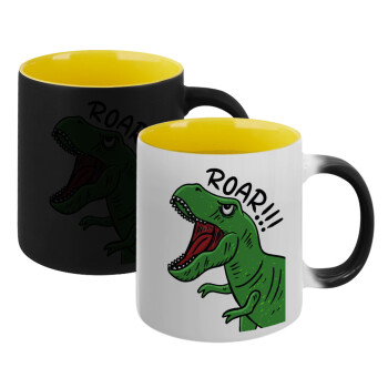 Dyno roar!!!, Κούπα Μαγική εσωτερικό κίτρινη, κεραμική 330ml που αλλάζει χρώμα με το ζεστό ρόφημα