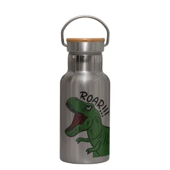 Dyno roar!!!, Stainless steel metallic thermos flask, silver with a bamboo lid, double-walled, 350ml.