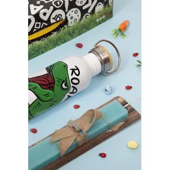 Dyno roar!!!, Πασχαλινή Λαμπάδα με παγούρι μεταλλικό (620ml, stainless steel) & κερί αρωματικό πλακέ (30cm) (ΤΙΡΚΟΥΑΖ)