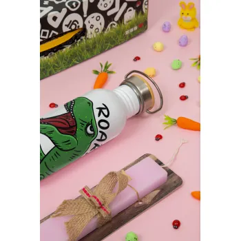 Dyno roar!!!, Πασχαλινή Λαμπάδα με παγούρι μεταλλικό (620ml, stainless steel) & κερί αρωματικό πλακέ (30cm) (ΡΟΖ)