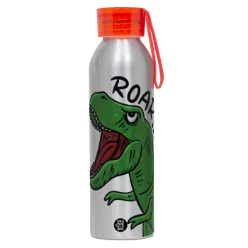 Dyno roar!!!, Αλουμινένιο Αθλητικό Μπουκάλι 650ml – Ασημί με Κόκκινο Καπάκι και Λουράκι Σιλικόνης
