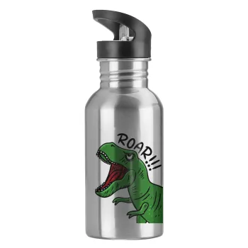 Dyno roar!!!, Water bottle Silver with straw, stainless steel 600ml