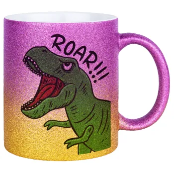 Dyno roar!!!, Κούπα Χρυσή/Ροζ Glitter, κεραμική, 330ml