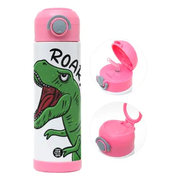 Dyno roar!!!, Children's hot water bottle, stainless steel, with safety straw, PINK (500ml)