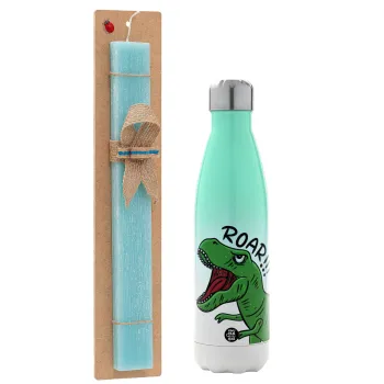 Dyno roar!!!, Easter Set, Metallic green/white thermos (Stainless steel), double-walled, 500ml & scented flat Easter candle (30cm) (TURQUOISE)
