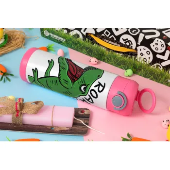 Dyno roar!!!, Easter candle, Childrens hot water bottle, stainless steel, with safety straw, PINK (500ml)