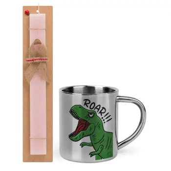 Dyno roar!!!, Easter Set, metallic thermal cup (300ml) & aromatic flat Easter candle (30cm) (PINK)
