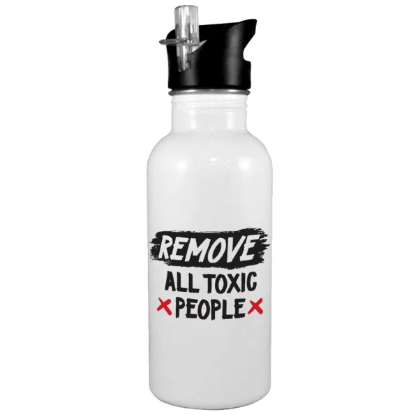 Remove all toxic people — Παγούρι νερού Λευκό με καλαμάκι, ανοξείδωτο ατσάλι 600ml