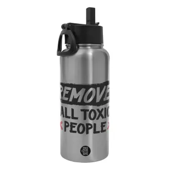 Remove all toxic people, Μεταλλικό παγούρι θερμός Silver με καλαμάκι και χερούλι (Stainless steel), διπλού τοιχώματος, 950ml