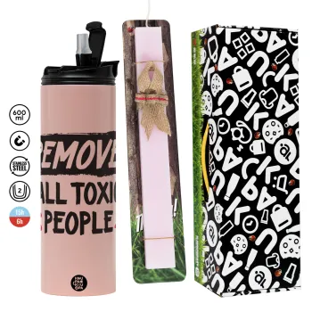 Remove all toxic people, Πασχαλινή Λαμπάδα με  ΡΟΖ Travel Tumbler θερμό (600ml, BPA free) & κερί αρωματικό πλακέ (30cm) (ΡΟΖ)
