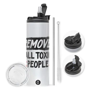 Remove all toxic people, Travel Tumbler θερμό με διπλό καπάκι, μεταλλικό καλαμάκι και βούρτσα καθαρισμού (Ανωξείδωτο 304 Food grade, BPA free, 600ml)