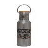 Stainless steel metallic thermos flask, silver with a bamboo lid, double-walled, 350ml.