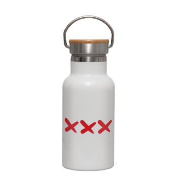 XXX, Μεταλλικό παγούρι θερμός (Stainless steel) Λευκό με ξύλινο καπακι (bamboo), διπλού τοιχώματος, 350ml