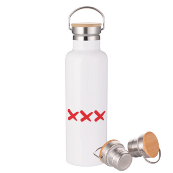 XXX, Μεταλλικό παγούρι θερμός (Stainless steel) Λευκό με ξύλινο καπακι (bamboo), διπλού τοιχώματος, 750ml
