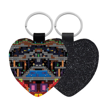 Minecraft 2D map, Μπρελόκ PU δερμάτινο glitter καρδιά ΜΑΥΡΟ