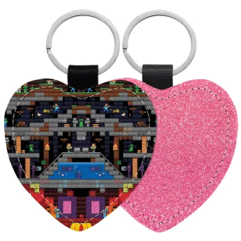 Minecraft 2D map, Μπρελόκ PU δερμάτινο glitter καρδιά ΡΟΖ