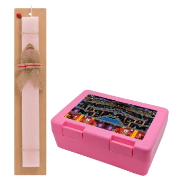 Minecraft 2D map, Easter Set, children's snack container PINK & scented flat Easter candle (30cm) (PINK)