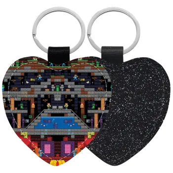 Minecraft 2D map, Μπρελόκ PU δερμάτινο glitter καρδιά ΜΑΥΡΟ
