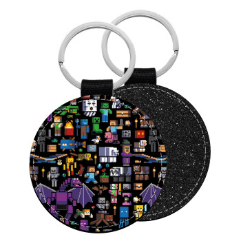 Minecraft Characters, Μπρελόκ Δερματίνη, στρογγυλό ΜΑΥΡΟ (5cm)