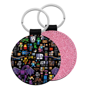 Minecraft Characters, Μπρελόκ Δερματίνη, στρογγυλό ΡΟΖ (5cm)