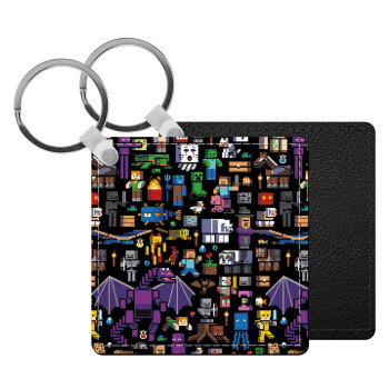 Minecraft Characters, Μπρελόκ Δερματίνη, τετράγωνο ΜΑΥΡΟ (5x5cm)