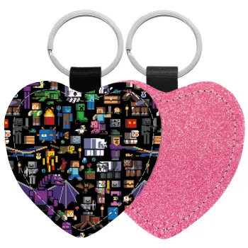 Minecraft Characters, Μπρελόκ PU δερμάτινο glitter καρδιά ΡΟΖ