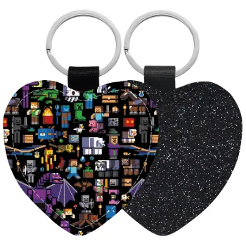 Minecraft Characters, Μπρελόκ PU δερμάτινο glitter καρδιά ΜΑΥΡΟ