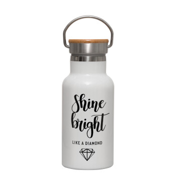 Bright, Shine like a Diamond, Metallic thermos (Stainless steel) White with wooden lid (bamboo), double-walled, 350ml
