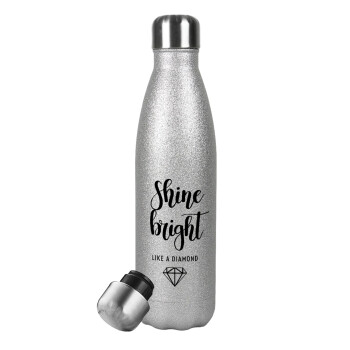 Bright, Shine like a Diamond, Metallic Glitter Silver Thermos Flask (Stainless steel), double-walled, 500ml