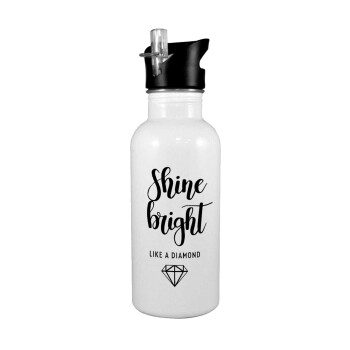 Bright, Shine like a Diamond, White water bottle with straw, stainless steel 600ml