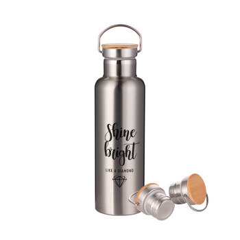 Bright, Shine like a Diamond, Stainless steel Silver with wooden lid (bamboo), double wall, 750ml