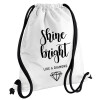 Bright, Shine like a Diamond, Τσάντα πλάτης πουγκί GYMBAG λευκή, με τσέπη (40x48cm) & χονδρά κορδόνια