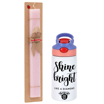 Bright, Shine like a Diamond, Easter Set, Children's thermal stainless steel water bottle with safety straw, pink/purple (350ml) & Easter scented flat candle (30cm) (PINK)