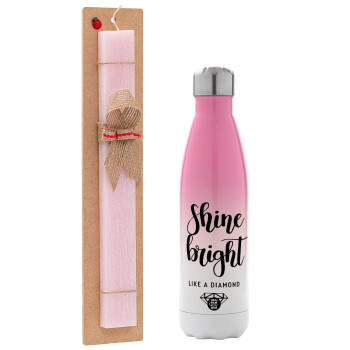 Bright, Shine like a Diamond, Easter Set, Metallic pink/white (Stainless steel) thermos, double-walled, 500ml & aromatic flat Easter candle (30cm) (PINK)