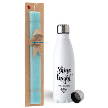 Bright, Shine like a Diamond, Easter Set, metallic stainless steel water bottle (750ml) & aromatic flat Easter candle (30cm) (TURQUOISE)