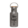 Stainless steel metallic thermos flask, silver with a bamboo lid, double-walled, 350ml.