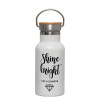 Metallic thermos (Stainless steel) White with wooden lid (bamboo), double-walled, 350ml