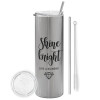 Tumbler stainless steel Silver 600ml, with metal straw & cleaning brush